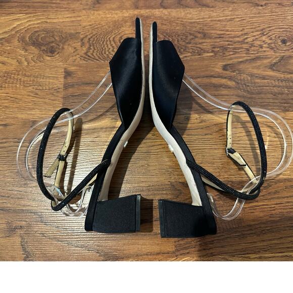 Badgley Mischka Infinity Embellished Mid Block Heel Sandals Black Satin Sz 9.5 - Picture 5 of 9